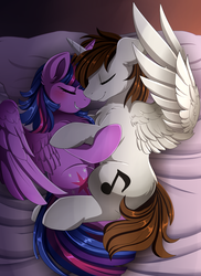 Size: 2550x3509 | Tagged: safe, artist:pridark, twilight sparkle, oc, oc:neo star, alicorn, pony, g4, alicorn oc, bed, blushing, canon x oc, commission, couple, eyes closed, female, high res, hug, male, mare, nuzzling, sleeping, snuggling, stallion, starkle, straight, twilight sparkle (alicorn)