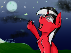 Size: 800x600 | Tagged: safe, artist:luriel maelstrom, oc, oc only, oc:rosalia, pony, unicorn, chest fluff, cloud, glasses, looking up, moonlight, mountain, night, night sky, open mouth, piercing, raised hoof, shine, signature, simple background, sky, stars