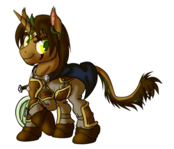 Size: 1280x1088 | Tagged: safe, artist:hywther, oc, classical unicorn, pony, unicorn, ponyfinder, armor, cape, clothes, cloven hooves, diadem, dungeons and dragons, ear fluff, horn, leonine tail, pen and paper rpg, rpg, scar, smiling, smirk, sorcerer, sword, targe shield, unshorn fetlocks, vine, weapon