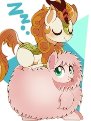 Size: 768x1024 | Tagged: safe, artist:erufi, autumn blaze, oc, oc:fluffle puff, kirin, pony, sounds of silence, spoiler:s08, :p, :t, abstract background, awwtumn blaze, behaving like a cat, blushing, colored pupils, cute, duo, eyes closed, female, flufflebetes, fluffy, frown, if i fits i sits, kirinbetes, looking up, mare, ocbetes, prone, silly, sleeping, tongue out, zzz