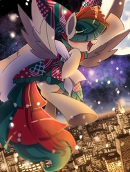 Size: 768x1024 | Tagged: safe, artist:erufi, songbird serenade, pegasus, pony, g4, my little pony: the movie, blushing, city, cityscape, clothes, cute, dress, everyday is christmas, female, happy, mare, moon, sia (singer), snow, solo, underhoof, voice actor reference