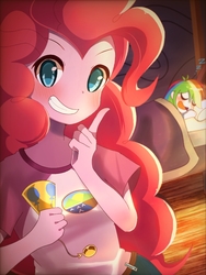 Size: 768x1024 | Tagged: safe, artist:erufi, pinkie pie, rainbow dash, equestria girls, g4, anime, bed, blushing, clothes, duo, eyes closed, female, looking at you, open mouth, party popper, pillow, prank, shirt, sleeping, smiling, this will end in tears