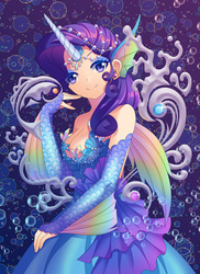 Size: 1000x1371 | Tagged: safe, artist:hoxi, rarity, human, mermaid, g4, bare shoulders, clothes, cute, dress, female, horn, horned humanization, humanized, looking at you, pixiv, raribetes, solo