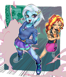 Size: 1700x2000 | Tagged: safe, artist:ceitama, sunset shimmer, trixie, equestria girls, g4, my little pony equestria girls: better together, duo, female, geode of empathy, magical geodes, open mouth, squint, sweat, sweatdrop, trixie being trixie