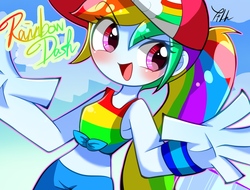 Size: 1811x1375 | Tagged: safe, artist:yuyutsuka_0130, rainbow dash, equestria girls, equestria girls specials, g4, my little pony equestria girls: better together, my little pony equestria girls: spring breakdown, blushing, clothes, cute, dashabetes, female, hat, midriff, open mouth, signature, sleeveless, solo, tank top, wristband