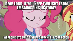 Size: 600x338 | Tagged: safe, edit, edited screencap, screencap, pinkie pie, sunset shimmer, equestria girls, g4, my little pony equestria girls: friendship games, male, memeful.com, pinkie pie praying, simpsons did it, the simpsons