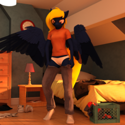 Size: 2000x2000 | Tagged: safe, artist:tahublade7, oc, oc only, oc:naveen numbers, pegasus, anthro, plantigrade anthro, 3d, bed, breasts, clothes, daz studio, female, high res, panties, pants, shirt, socks, solo, underwear, white underwear