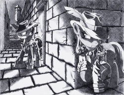 Size: 1600x1228 | Tagged: safe, artist:philo5, cheerilee, rarity, earth pony, pony, g4, black and white, clothes, detective rarity, feather, feather hat, grayscale, hat, monochrome, noir, story in the source