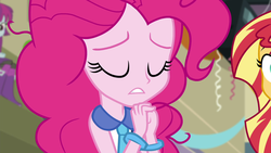 Size: 1329x748 | Tagged: safe, screencap, mystery mint, pinkie pie, sunset shimmer, equestria girls, g4, my little pony equestria girls: friendship games, bracelet, cropped, jewelry, meme origin, necktie, pinkie pie praying