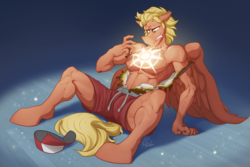 Size: 3055x2036 | Tagged: safe, artist:ponyanony, part of a set, oc, oc only, oc:flex, anthro, unguligrade anthro, armpits, burning, clothes, high res, magic, male, part of a series, pecs, shorts, solo
