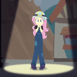 Size: 706x706 | Tagged: safe, screencap, fluttershy, equestria girls, g4, my little pony equestria girls: better together, opening night, animated, cropped, female, gif, headlamp, helmet, loop, miner, mining helmet, nervous, shaking