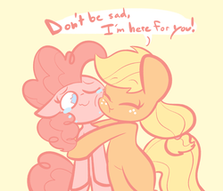 Size: 1280x1102 | Tagged: safe, artist:typhwosion, applejack, pinkie pie, earth pony, pony, g4, bipedal, comforting, consoling, crying, cute, dialogue, duo, eyes closed, female, freckles, hug, lesbian, love, mare, one eye closed, positive ponies, ship:applepie, shipping, simple background, tears of joy