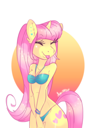 Size: 2480x3508 | Tagged: safe, artist:modcoon, oc, oc only, oc:mimie, unicorn, anthro, bikini, bra, breasts, clothes, eyes closed, female, high res, simple background, solo, swimsuit, tongue out, transparent background, underwear