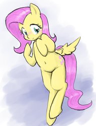 Size: 908x1190 | Tagged: safe, artist:seidouryu, fluttershy, pegasus, pony, g4, belly button, bipedal, blushing, cute, female, hooves to the chest, looking at you, mare, shyabetes, solo, spread wings, three quarter view, wings