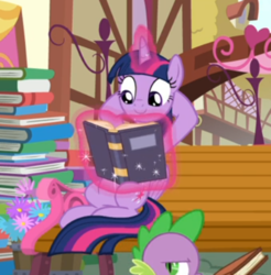 Size: 441x449 | Tagged: safe, screencap, spike, twilight sparkle, alicorn, pony, g4, yakity-sax, bench, book, cropped, eyes open, female, glowing horn, hooves behind head, horn, levitation, magic, ponyville, reclining, solo focus, telekinesis, that pony sure does love books, twilight sparkle (alicorn)