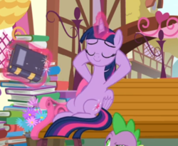 Size: 519x425 | Tagged: safe, screencap, spike, twilight sparkle, alicorn, pony, g4, yakity-sax, belly, bench, book, cropped, eyes closed, female, glowing horn, hooves behind head, horn, levitation, magic, pile of books, ponyville, reclining, sitting, solo focus, telekinesis, twilight sparkle (alicorn)