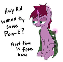 Size: 1149x1124 | Tagged: artist needed, safe, oc, oc only, pony, accessory, clothes, comedy, drugs, funny, glowing horn, horn, humor, inappropriate use of magic, jacket, joke, purple, simple background, solo, speech, uwu, white background