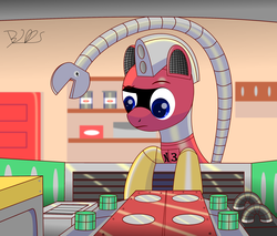 Size: 2284x1947 | Tagged: safe, artist:trackheadtherobopony, oc, oc:trackhead, pony, robot, robot pony, car, engine, extendable tail, garage, hood, prehensile tail, signature, wrench
