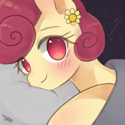 Size: 2000x2000 | Tagged: safe, artist:choyamy, posey shy, pegasus, pony, g4, blushing, cute, female, flower, high res, looking at you, mare, pillow, posey shyabetes, signature, smiling, solo