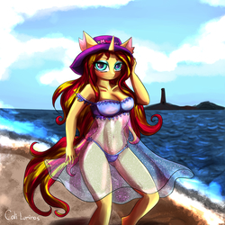 Size: 4096x4096 | Tagged: safe, artist:cali luminos, sunset shimmer, unicorn, anthro, g4, absurd resolution, beach, belly button, blushing, clothes, cloud, dress, female, looking at you, signature, sky, solo, sun, swimsuit, water