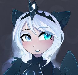 Size: 1506x1452 | Tagged: safe, artist:magnaluna, princess luna, human, g4, aura, blushing, clothes, colored pupils, crescent moon, cute, cute little fangs, ear fluff, eared humanization, fangs, female, floppy ears, frown, glowing, glowing eyes, gray background, horn, horn jewelry, horned humanization, humanized, jewelry, lipstick, looking at you, lunabetes, moon, simple background, solo, spread wings, sweater, tiara, wing fluff, winged humanization, wings