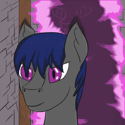 Size: 1297x1297 | Tagged: safe, artist:quarmaid, oc, oc only, bat pony, pegasus, pony, blue hair, brick wall, bust, ear fluff, glare, lidded eyes, male, open mouth, portrait, purple eyes, shadow, slit pupils, smiling, smirk, solo, stallion