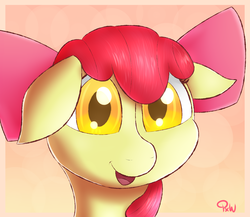 Size: 1500x1300 | Tagged: safe, artist:ponyxwright, apple bloom, earth pony, pony, g4, abstract background, bow, bust, female, filly, floppy ears, foal, portrait, simple background, solo