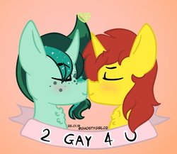 Size: 1978x1719 | Tagged: safe, artist:ghostygirl01, artist:ghostygirl02, oc, oc only, oc:flame chaser, unnamed oc, pony, unicorn, banner, beard, blushing, boop, bust, curved horn, facial hair, freckles, gay, gradient background, heart, horn, love, male