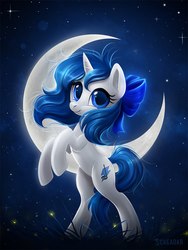 Size: 810x1080 | Tagged: safe, artist:scheadar, oc, oc only, oc:sapphire moonlight, firefly (insect), pony, unicorn, crescent moon, female, grass, looking at you, mare, moon, night, rearing, smiling, solo, starry night, stars