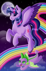 Size: 1650x2550 | Tagged: safe, artist:fannytastical, spike, twilight sparkle, alicorn, dragon, pony, g4, baby, baby dragon, cloud, cute, cutie mark, fangs, female, flying, full moon, green eyes, lisa frank, male, mare, mare in the moon, moon, night, night sky, open mouth, rainbow, signature, sky, smiling, spikabetes, stars, twiabetes, twilight sparkle (alicorn), unshorn fetlocks, winged spike, wings