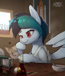 Size: 1700x2000 | Tagged: safe, artist:stardep, oc, oc only, oc:delta vee, pegasus, pony, bottle, bowl, chromatic aberration, cigarette, clothes, female, mare, poster, smiling, smoking, wing hands