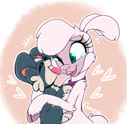Size: 413x403 | Tagged: safe, artist:esmeia, pom (tfh), dog, lamb, sheep, them's fightin' herds, cloven hooves, community related, crying, cute, female, heart, holding a dog, hug, licking, one eye closed, open mouth, puppy, simple background, smiling, tears of joy, tongue out, when she smiles