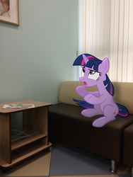 Size: 2448x3264 | Tagged: safe, artist:albertuha, twilight sparkle, pony, unicorn, g4, couch, female, high res, hospital, irl, mare, photo, ponies in real life, sitting, solo, underhoof, unhappy, unicorn twilight
