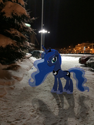 Size: 2448x3264 | Tagged: safe, artist:albertuha, princess luna, alicorn, pony, g4, female, high res, hoof shoes, irl, mare, night, photo, ponies in real life, russia, smiling, snow, solo, winter