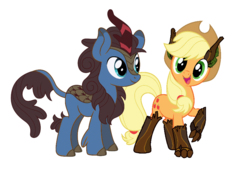 Size: 915x665 | Tagged: safe, edit, editor:proto29, applejack, oc, oc:whystral, kirin, original species, pony, timber pony, timber wolf, g4, cloven hooves, cute, duo, engrish in the description, fangs, female, jackabetes, kirin oc, looking at each other, mare, shipping, simple background, species swap, timber wolfified, timberjack, transformation, white background
