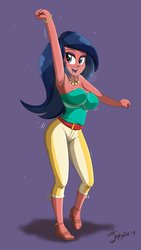 Size: 2314x4096 | Tagged: safe, artist:jeglegator, desert sage, equestria girls, equestria girls specials, g4, my little pony equestria girls: better together, my little pony equestria girls: spring breakdown, adorasexy, ankles, armpits, background human, bare shoulders, boob swing, bouncing, bouncing breasts, breasts, bustier, busty desert sage, clothes, cute, eyeshadow, feet, female, jewelry, necklace, open mouth, pants, pearl necklace, purple background, sageabetes, sandals, sexy, signature, simple background, solo, strapless, sweat