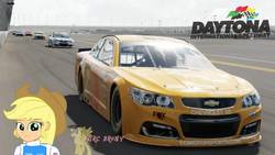 Size: 480x270 | Tagged: safe, artist:forzaveteranenigma, applejack, fanfic:equestria motorsports, equestria girls, g4, car, chevrolet, chevrolet ss, daytona international speedway, driving, florida, ford, ford fusion, forza motorsport 7, motorsport, nascar, race track, racing, racing suit, stock car, toyota, toyota camry, united states, watermark