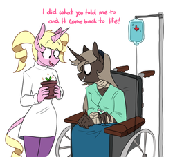 Size: 699x637 | Tagged: safe, artist:redxbacon, oc, oc only, oc:eureka, oc:parch well, unicorn, anthro, anthro oc, clothes, dialogue, female, looking down, open mouth, plant, simple background, smiling, wheelchair, white background