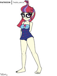Size: 2121x2828 | Tagged: safe, artist:thealjavis, moondancer, equestria girls, equestria girls series, g4, barefoot, clothes, clothes swap, equestria girls-ified, feet, female, high res, one-piece swimsuit, simple background, solo, swimsuit, swimsuit swap, white background