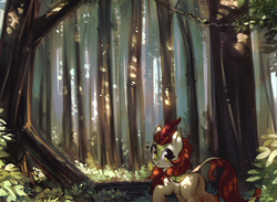Size: 1401x1027 | Tagged: safe, artist:mirroredsea, autumn blaze, kirin, sounds of silence, butt, female, forest, looking at you, looking back, looking back at you, plot, scenery, smiling, solo, summer, tree