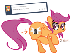 Size: 1280x985 | Tagged: safe, artist:turtlefarminguy, scootaloo, pegasus, pony, g4, alternate cutie mark, ask a stupid question, cutie mark, female, mare, older, pun, scootalooresponds, simple background, white background