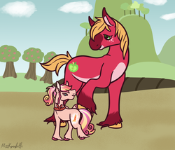 Size: 1750x1500 | Tagged: safe, artist:misskanabelle, big macintosh, oc, oc:sundance, earth pony, pony, g4, alternate design, ascot, coat markings, colored hooves, dancing, father and daughter, female, filly, freckles, holding hooves, male, missing accessory, offspring, parent:big macintosh, parent:fluttershy, parents:fluttermac, signature, stallion, unshorn fetlocks