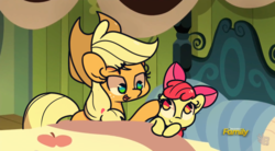 Size: 1280x707 | Tagged: safe, artist:turtlefarminguy, edit, edited screencap, screencap, apple bloom, applejack, pony, bloom & gloom, g4, apple siblings, applejack's hat, bedroom, bow, comforting, cowboy hat, cute, discovery family logo, female, filly, freckles, hair bow, hat, lullaby, mare, open mouth, pillow, scene interpretation, sisters