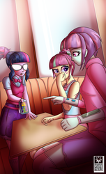 Size: 1700x2800 | Tagged: safe, artist:elmutanto, artist:rapps, sci-twi, sour sweet, sunny flare, twilight sparkle, oc, oc:rally flag, equestria girls, casual clothing, cellphone, crown of aphrosia, female, male, phone, restaurant, smartphone, table