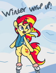 Size: 1280x1674 | Tagged: safe, artist:turtlefarminguy, sunset shimmer, pony, unicorn, equestria girls, g4, winter wrap up, belly button, bipedal, clothes, female, ice skating, mare, open mouth, snow, solo, weather team, winter wrap up vest