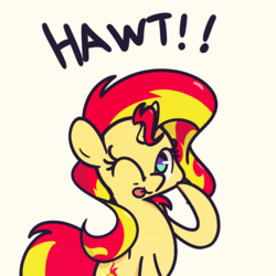 Size: 1000x1000 | Tagged: safe, artist:turtlefarminguy, sunset shimmer, pony, unicorn, g4, :p, cute, female, looking at you, mare, one eye closed, raised hoof, reaction image, shimmerbetes, silly, simple background, solo, tongue out, white background, wink
