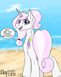 Size: 2400x3000 | Tagged: safe, artist:skydiggitydive, fleur-de-lis, pony, unicorn, g4, beach, female, high res, looking at you, looking back, mare, ponytail, scrunchie, solo, speech bubble, talking to viewer, text