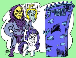 Size: 1280x977 | Tagged: safe, artist:grotezco, rarity, g4, antagonist, breaking the fourth wall, crossover, evil smile, fourth wall, grin, he-man, simple background, skeletor, smiling