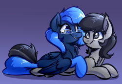 Size: 4000x2750 | Tagged: safe, artist:witchtaunter, oc, oc only, oc:grey matter, earth pony, pegasus, pony, chest fluff, commission, cute, digital art, duo, ear fluff, female, glasses, gradient background, looking at each other, mare, prone, purple background, simple background, smiling