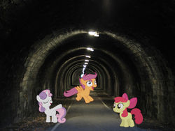 Size: 1024x768 | Tagged: safe, artist:funnygamer95, apple bloom, scootaloo, sweetie belle, earth pony, pony, g4, cutie mark crusaders, irl, photo, ponies in real life, tunnel